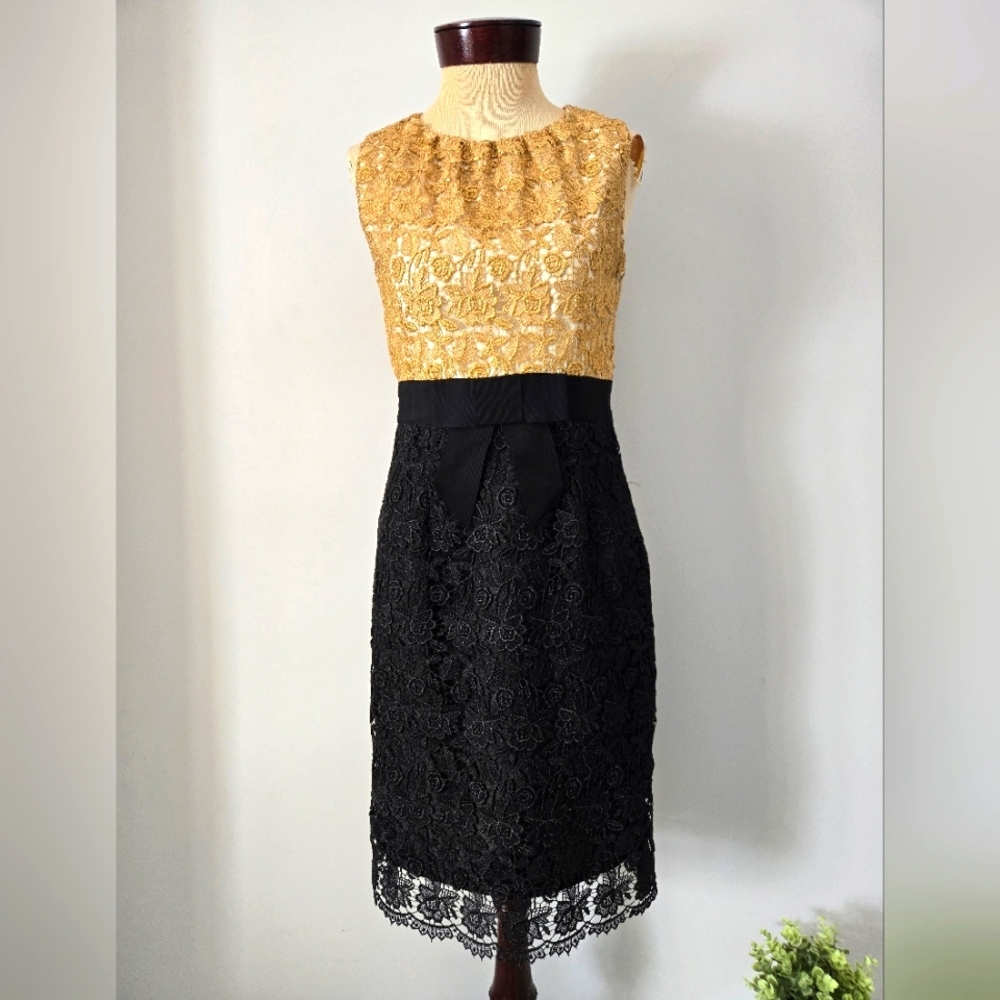 MILLY OF NEW YORK Gold and Black Lace Midi Dress with Waist Bow. Size 4